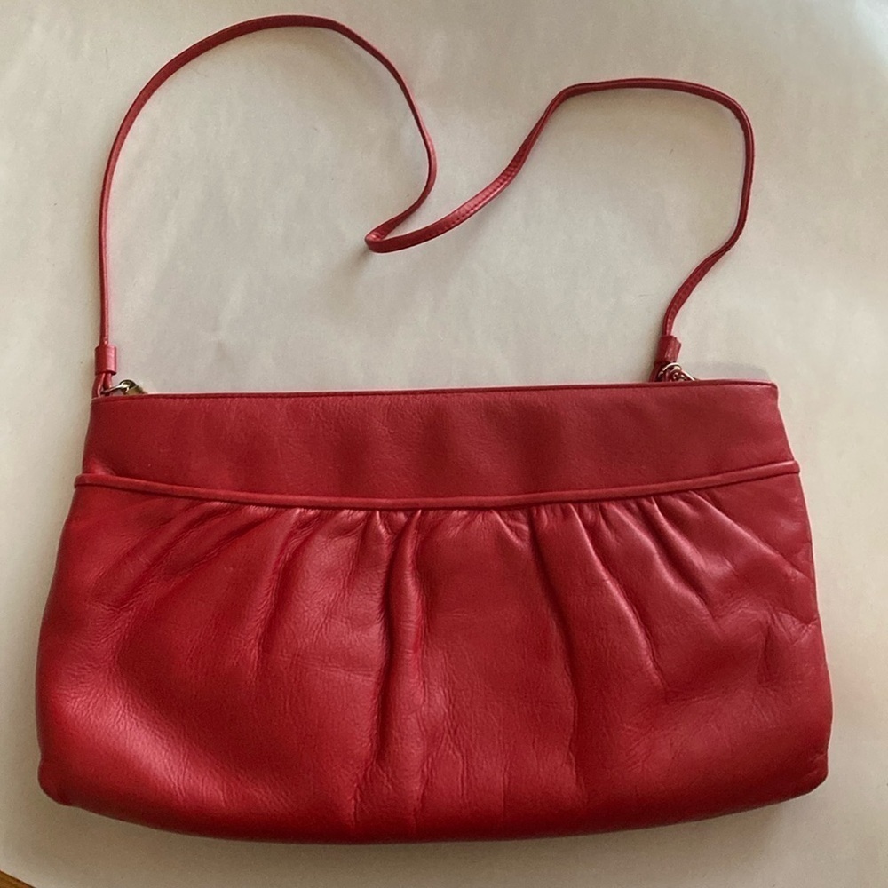 Vintage Nordstrom leather purse Clutch Red skinny strap zip top gathered front